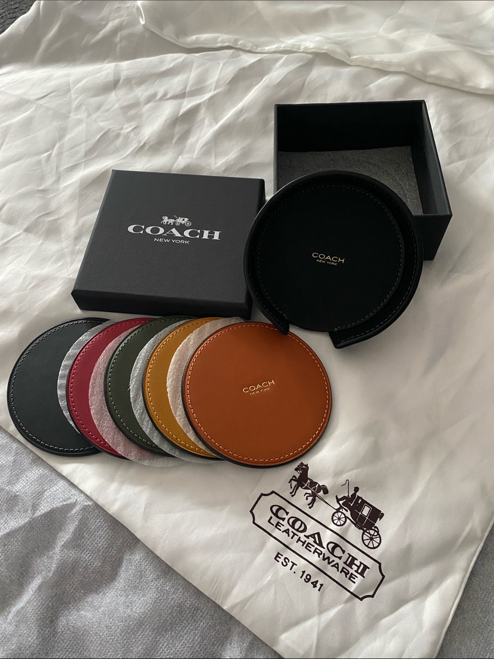 COACH Leather Coaster Set in Black, Tan, Gold, Green, Red, Gray, Pink
